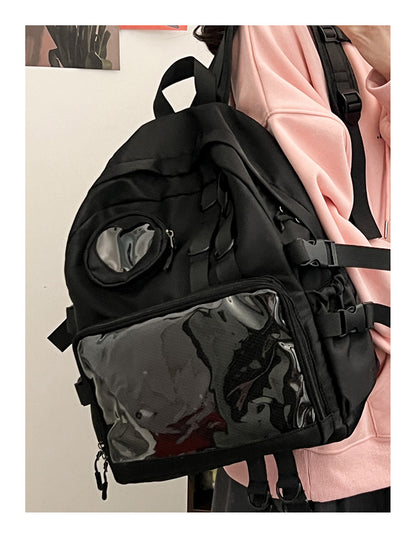 Kawaii Ita Bag Backpack with Heart Window — Nylon School Bag with Mesh Display for Pins & Plushies
