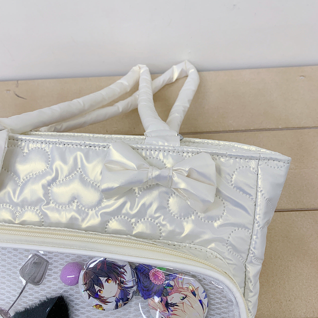 Quilted Puffy Ita Tote Bag with Transparent Mesh Display Window for Badges and Acrylic Stands