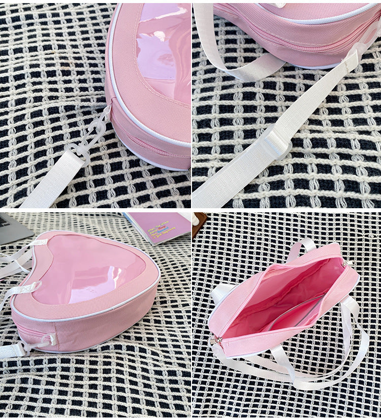 heart shaped ita bag side depth profile pink interior lining and open top view
