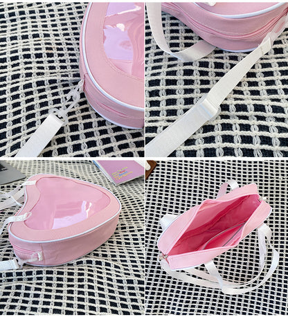 heart shaped ita bag side depth profile pink interior lining and open top view