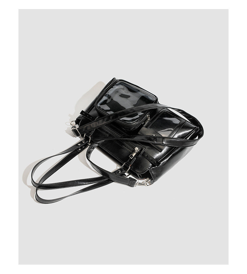 vintage PU leather ita bag black overhead view showing detachable front mini pouch and dual handles