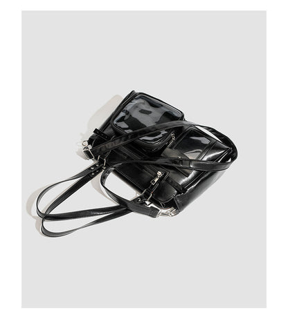 vintage PU leather ita bag black overhead view showing detachable front mini pouch and dual handles