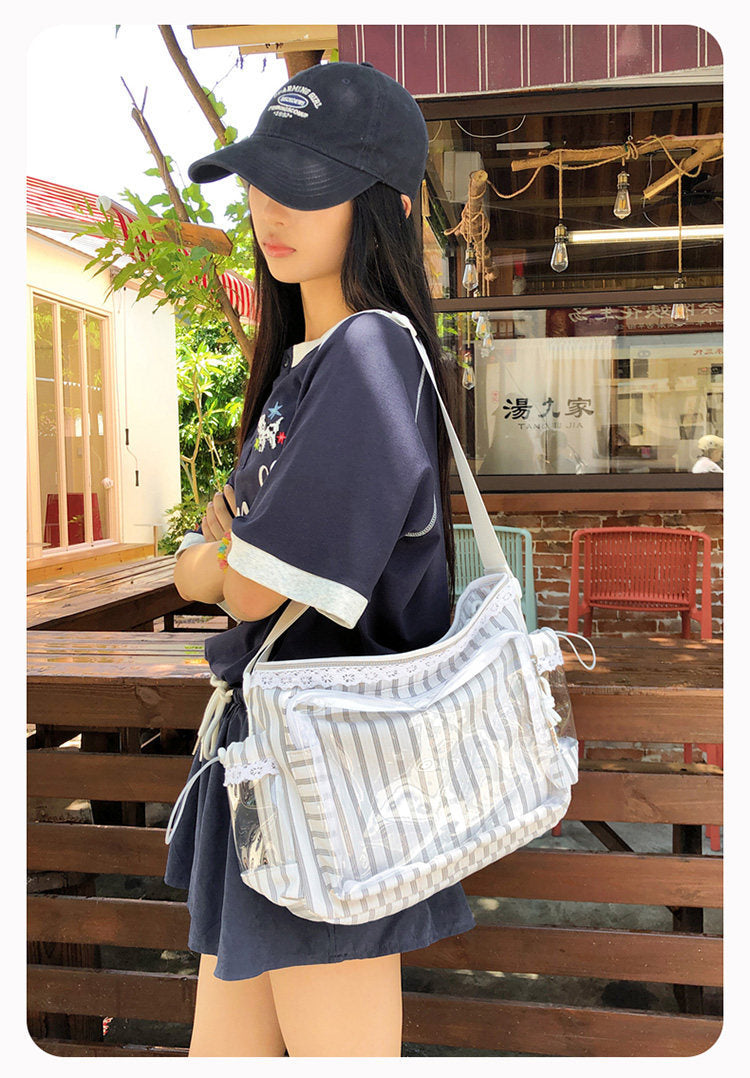 Kawaii Striped Ita Shoulder Bag with Clear PVC Window — Lace Detail Messenger Itabag for Anime & K-Pop Fans