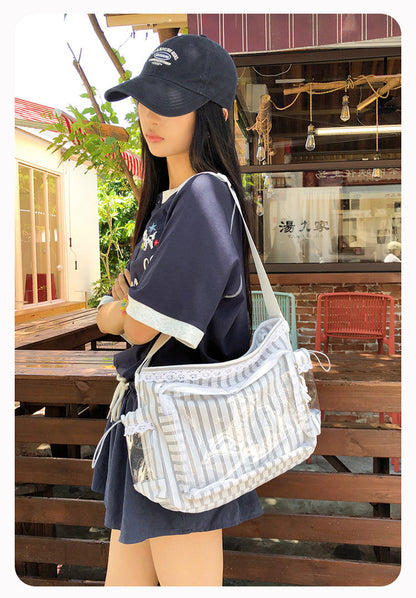 Kawaii Striped Ita Shoulder Bag with Clear PVC Window — Lace Detail Messenger Itabag for Anime & K-Pop Fans