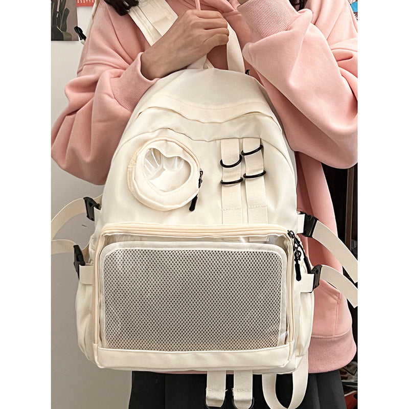 kawaii ita backpack cream white with heart window and mesh display panel front view