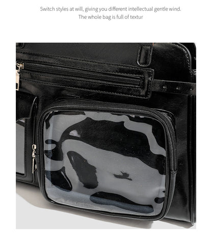 Vintage PU Leather Ita Bag — Large Capacity Clear Display Tote with Detachable Pouch