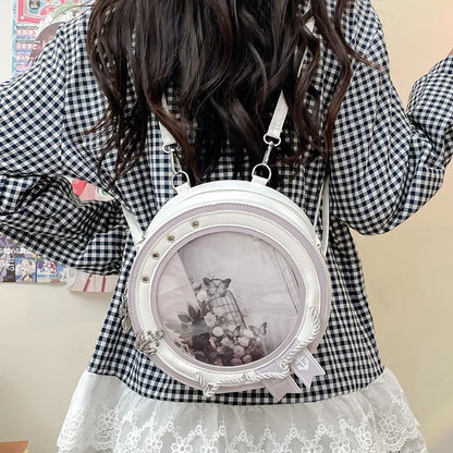 white round ita bag lavender purple inner frame clear window porthole crossbody with photocards inside