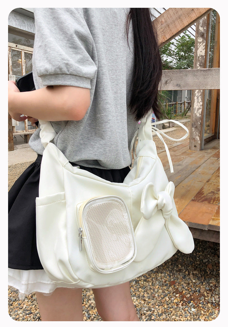 Kawaii Bow Ita Bag – Ruched Shoulder Bag with Clear PVC Display Window for Plushies & Badges