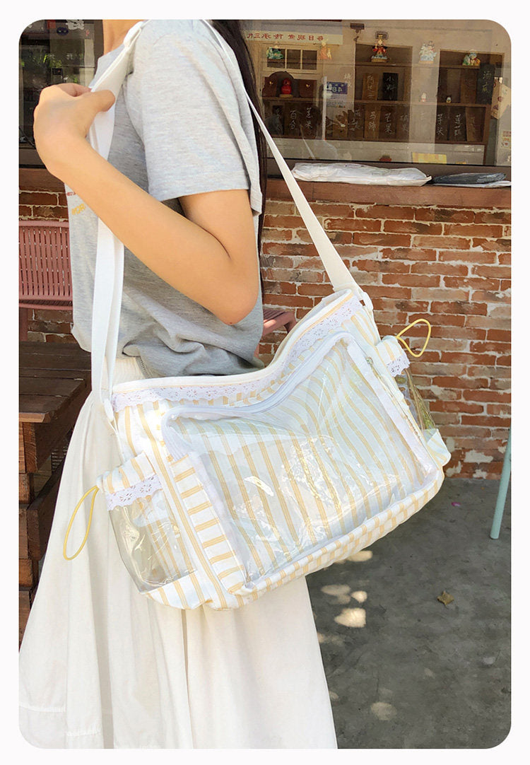 Kawaii Striped Ita Shoulder Bag with Clear PVC Window — Lace Detail Messenger Itabag for Anime & K-Pop Fans