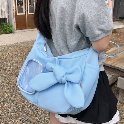 Kawaii Bow Ita Bag – Ruched Shoulder Bag with Clear PVC Display Window for Plushies & Badges