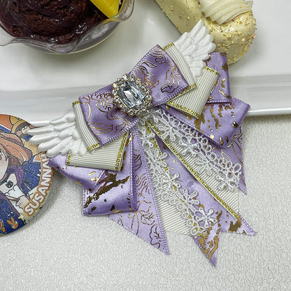 Angel Wing Bow Brooch Hair Clip with Rhinestone Centre, Lace Trim & Gold Foil Ribbon — 6 Colours