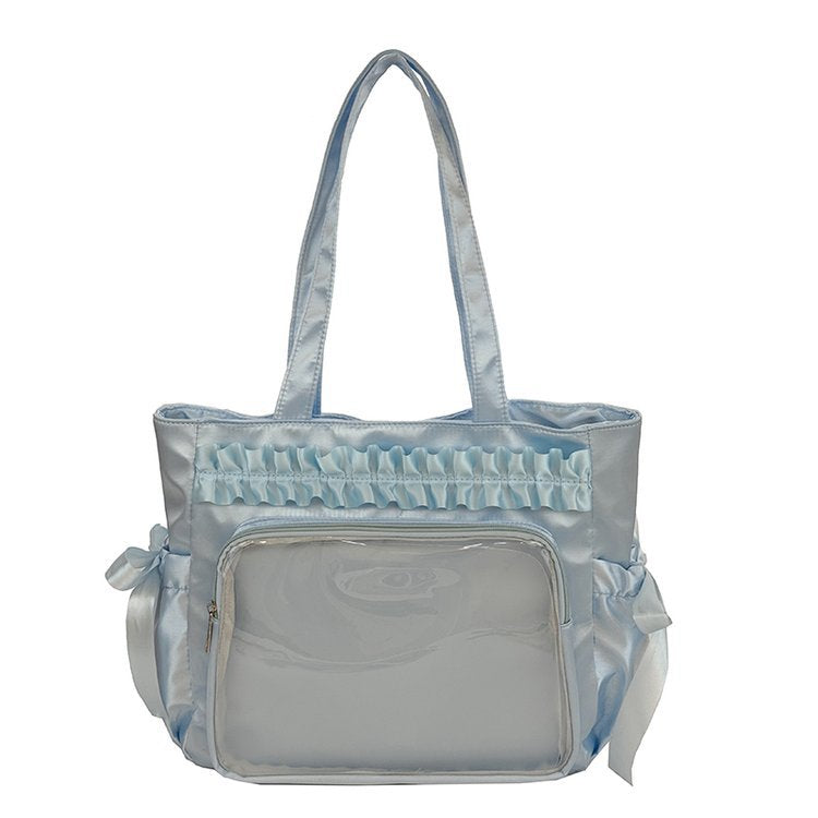 Lolita Satin Ita Bag Tote — Ruffle Bow Clear Window Bag for Photocards, Anime Pins & K-pop Merch