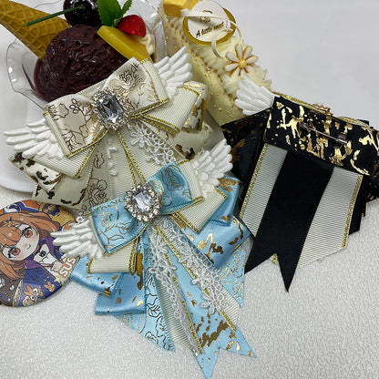 Angel Wing Bow Brooch Hair Clip with Rhinestone Centre, Lace Trim & Gold Foil Ribbon — 6 Colours