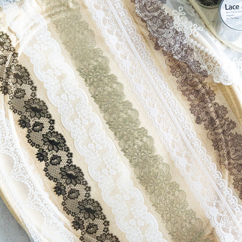 Six lace PET tape strips laid flat in different colourways