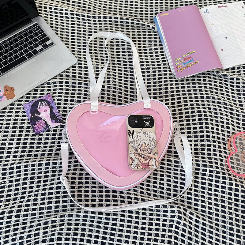 Heart Shaped Ita Bag — Clear Display Nylon Crossbody for Anime Pins & Kawaii Collectors