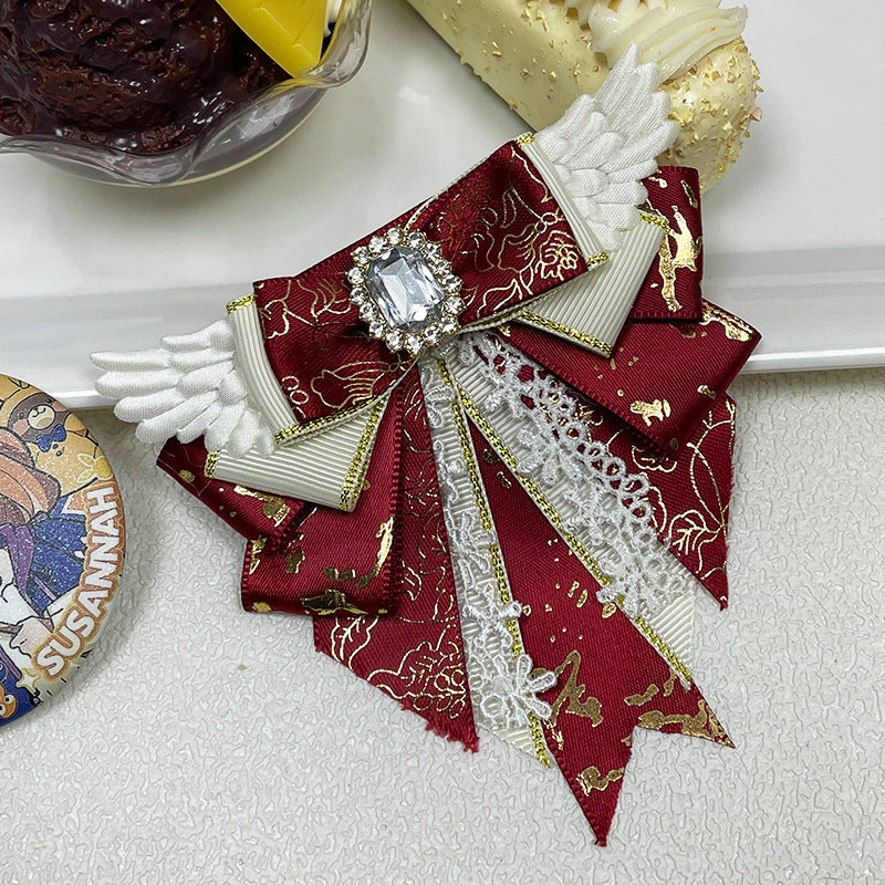 Angel Wing Bow Brooch Hair Clip with Rhinestone Centre, Lace Trim & Gold Foil Ribbon — 6 Colours