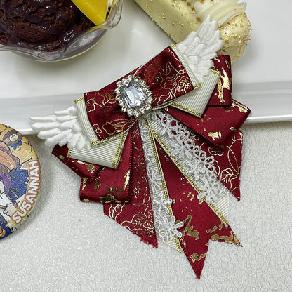 Angel Wing Bow Brooch Hair Clip with Rhinestone Centre, Lace Trim & Gold Foil Ribbon — 6 Colours