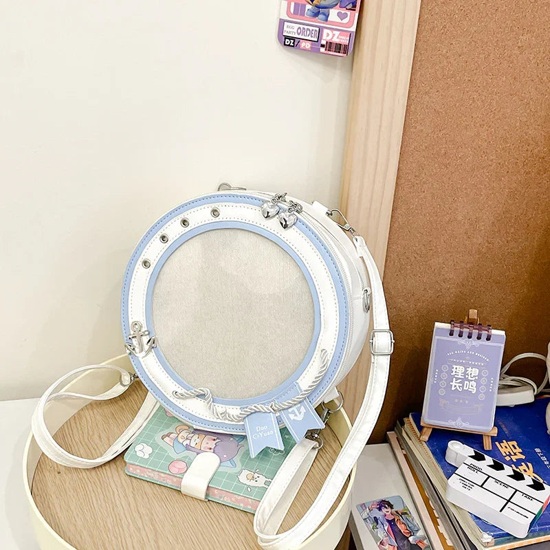 Round Ita Bag — Clear Window Circle Crossbody with Anchor Detail for Anime Pins & Photocards