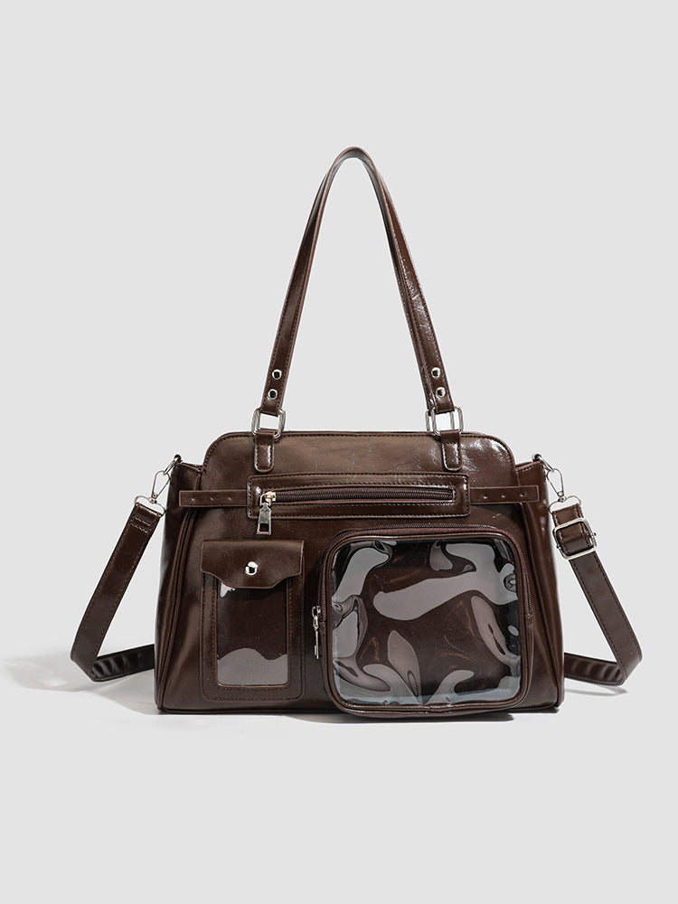 Vintage PU Leather Ita Bag — Large Capacity Clear Display Tote with Detachable Pouch