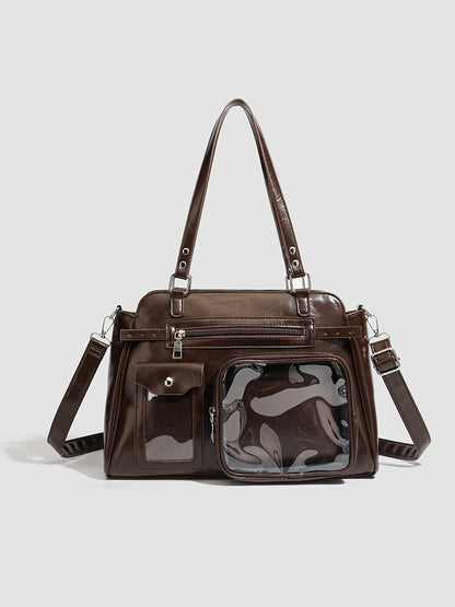 Vintage PU Leather Ita Bag — Large Capacity Clear Display Tote with Detachable Pouch