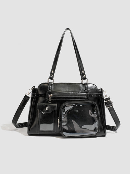 Vintage PU Leather Ita Bag — Large Capacity Clear Display Tote with Detachable Pouch