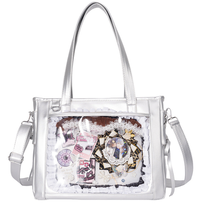 Large Lace-Up Ita Bag — PU Leather Clear Display Tote & Crossbody for Anime Pins & Photocards