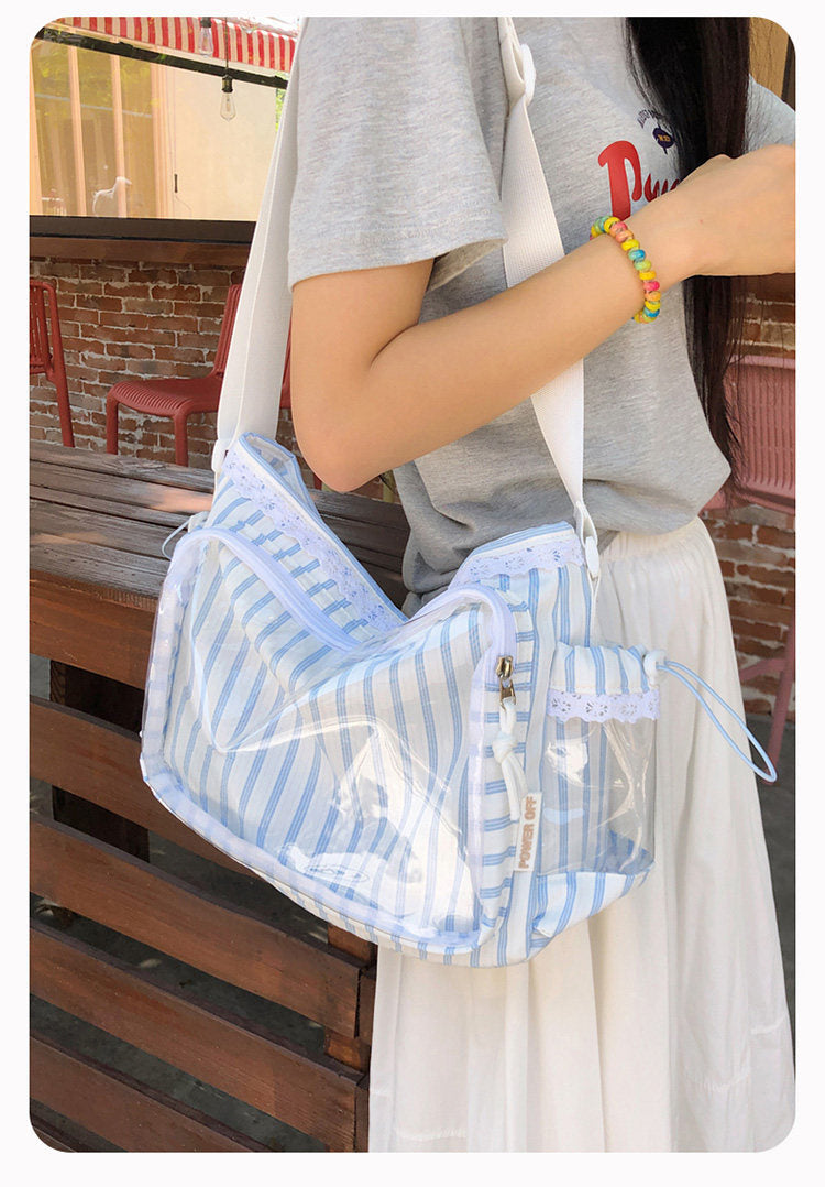 Kawaii Striped Ita Shoulder Bag with Clear PVC Window — Lace Detail Messenger Itabag for Anime & K-Pop Fans
