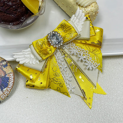 Angel Wing Bow Brooch Hair Clip with Rhinestone Centre, Lace Trim & Gold Foil Ribbon — 6 Colours