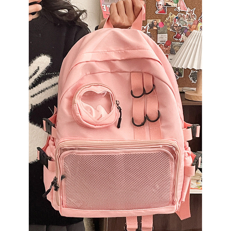 Kawaii Ita Bag Backpack with Heart Window — Nylon School Bag with Mesh Display for Pins & Plushies