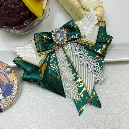 Angel Wing Bow Brooch Hair Clip with Rhinestone Centre, Lace Trim & Gold Foil Ribbon — 6 Colours
