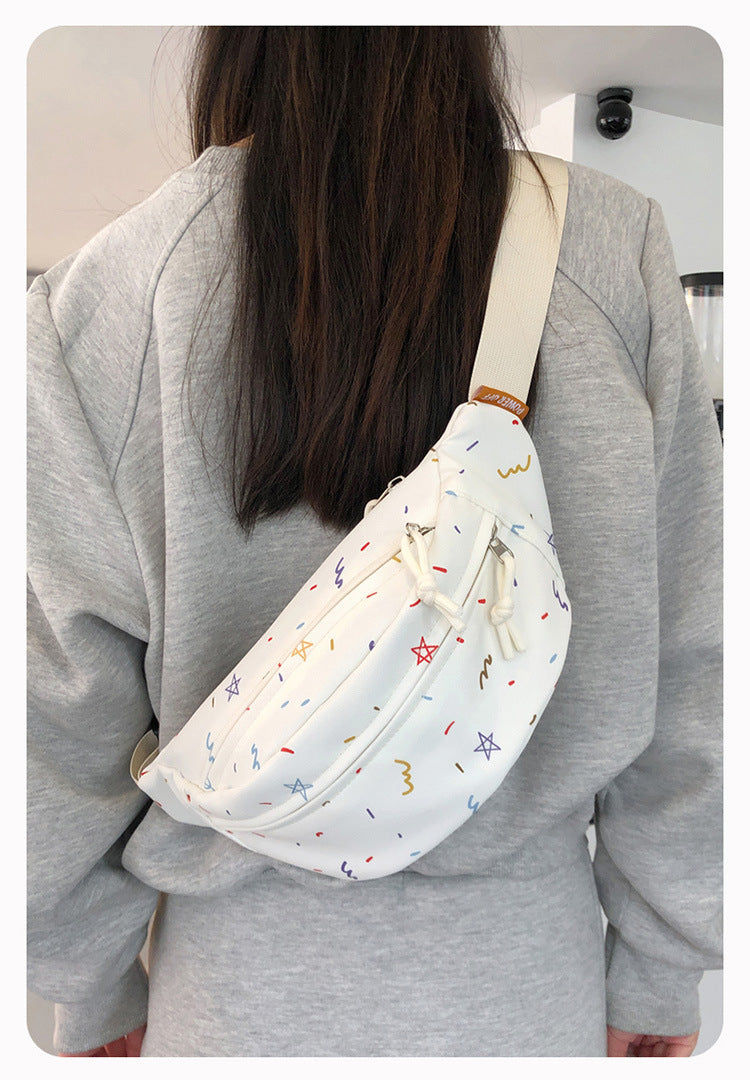 White confetti chest bag worn on back crossbody style