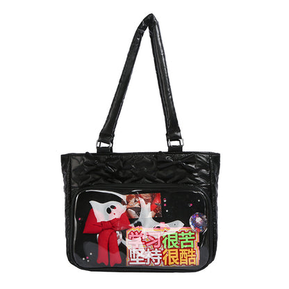 Quilted Puffy Ita Tote Bag with Transparent Mesh Display Window for Badges and Acrylic Stands