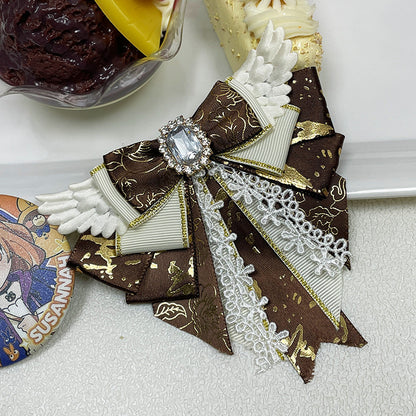 Angel Wing Bow Brooch Hair Clip with Rhinestone Centre, Lace Trim & Gold Foil Ribbon — 6 Colours