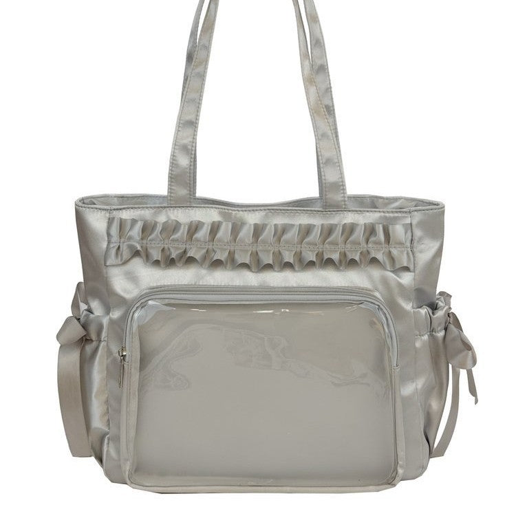 Lolita Satin Ita Bag Tote — Ruffle Bow Clear Window Bag for Photocards, Anime Pins & K-pop Merch