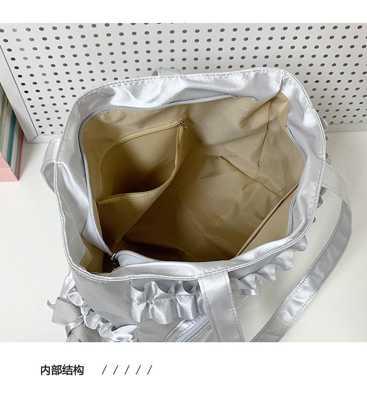 satin ita tote bag interior cream lining divider zip pocket top view silver