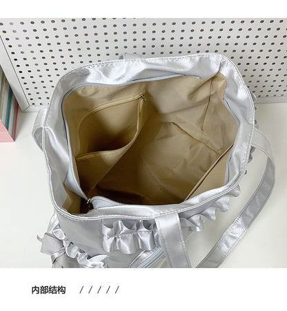 satin ita tote bag interior cream lining divider zip pocket top view silver