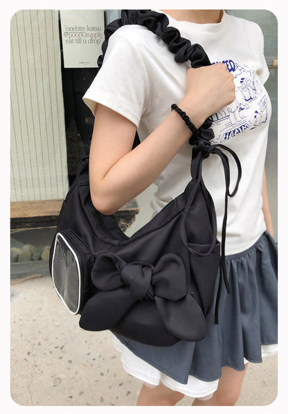Kawaii Bow Ita Bag – Ruched Shoulder Bag with Clear PVC Display Window for Plushies & Badges