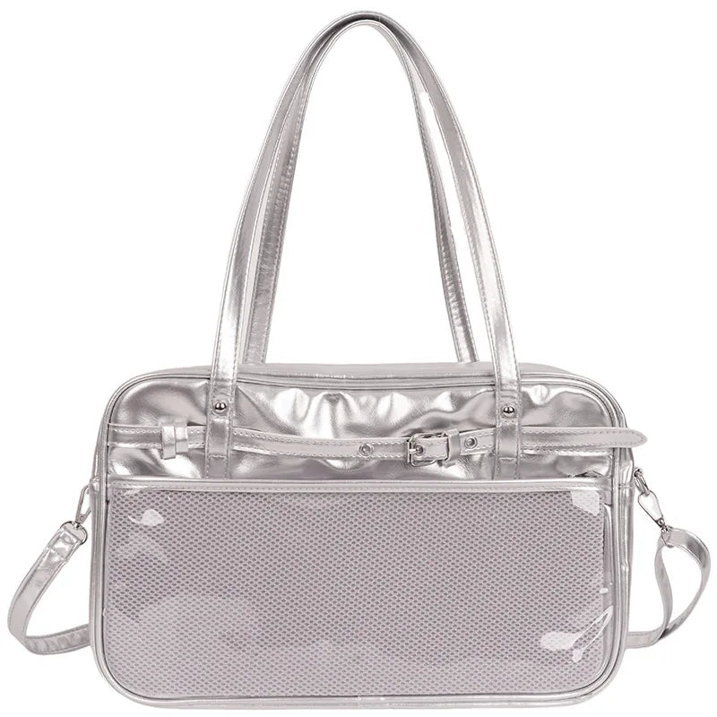 Large Metallic Ita Bag Tote — Full Clear Window Display for Anime Pins & Convention Merch