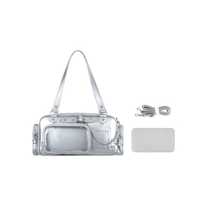 silver star chain ita bag full set showing bag detachable pouch crossbody strap and mesh insert board