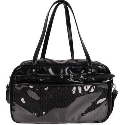black ita bag tote back view dual handles removable crossbody strap and decorative buckle detail