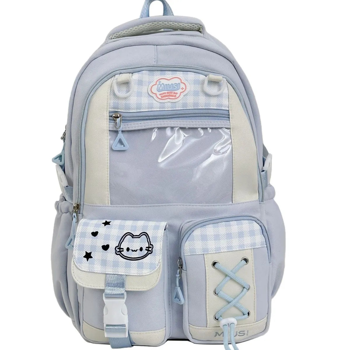 Miusi Kawaii Ita Bag Backpack with Clear PVC Display Window — Cute School Backpack for Anime & K-Pop Fans