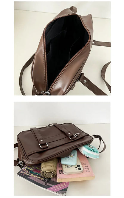 JK uniform bag interior black lining top zip open with books umbrella phone and cardholder inside