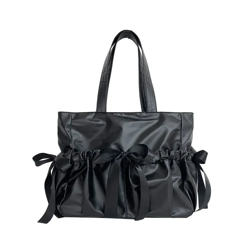 Lolita Glossy Surface Ita Bag Ribbon Bows Big Shoulder Handbags With Display Plate - Ita Bag Lover