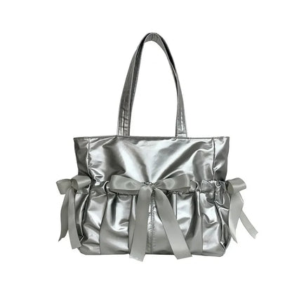 Lolita Glossy Surface Ita Bag Ribbon Bows Big Shoulder Handbags With Display Plate - Ita Bag Lover