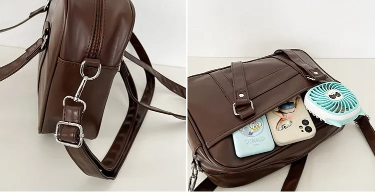 JK bag detachable crossbody strap clip hook detail and front pocket holding two phones and mini fan