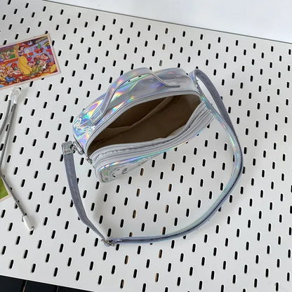 holographic ita bag top view dual zip open warm lining two compartment structure silver rainbow