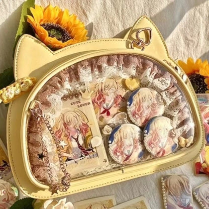 Yellow cat ita bag with anime display and sunflowers