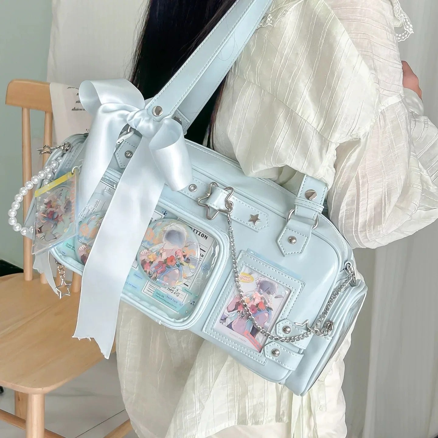 mint blue star chain ita bag boston tote shoulder carry with detachable mesh display pouch and ribbon