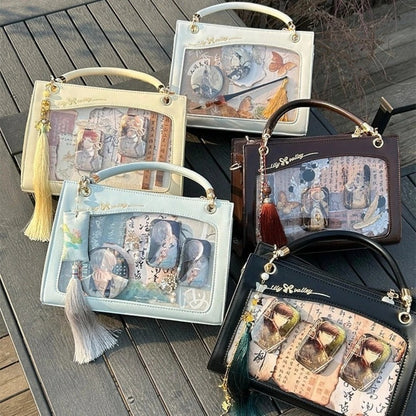 Five ita handbags with display windows in cream, blue, mint, brown and black