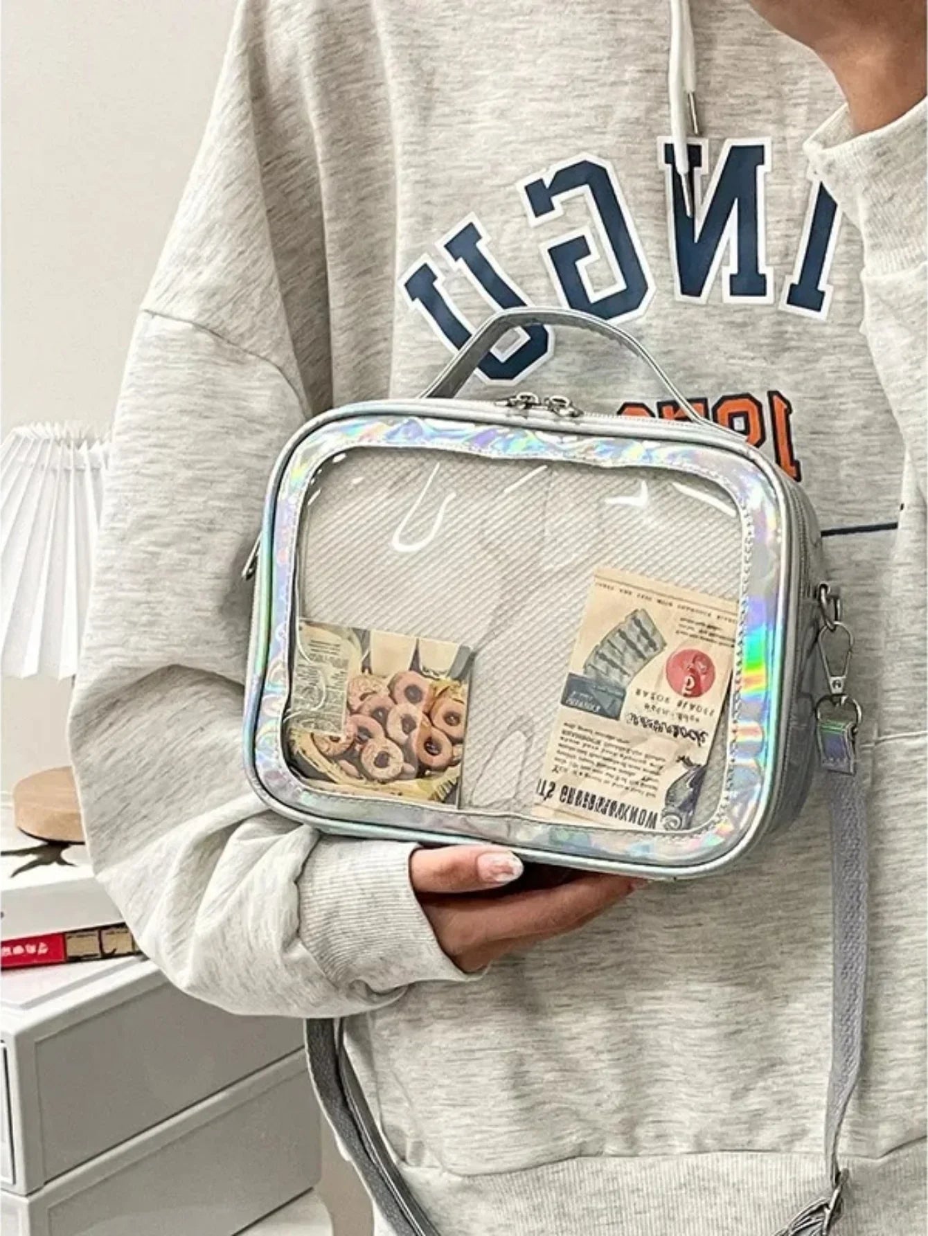 holographic mini ita bag silver rainbow laser frame clear display window handheld camera bag style